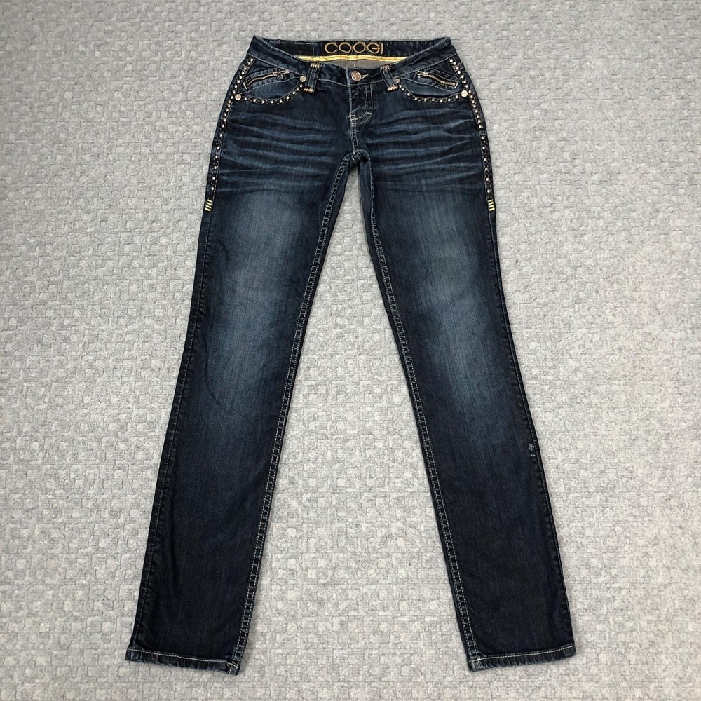 Coogi Jeans Juniors 3/4 W28 Blue Dark Wash Low Rise Straight Studded Zip Stretch